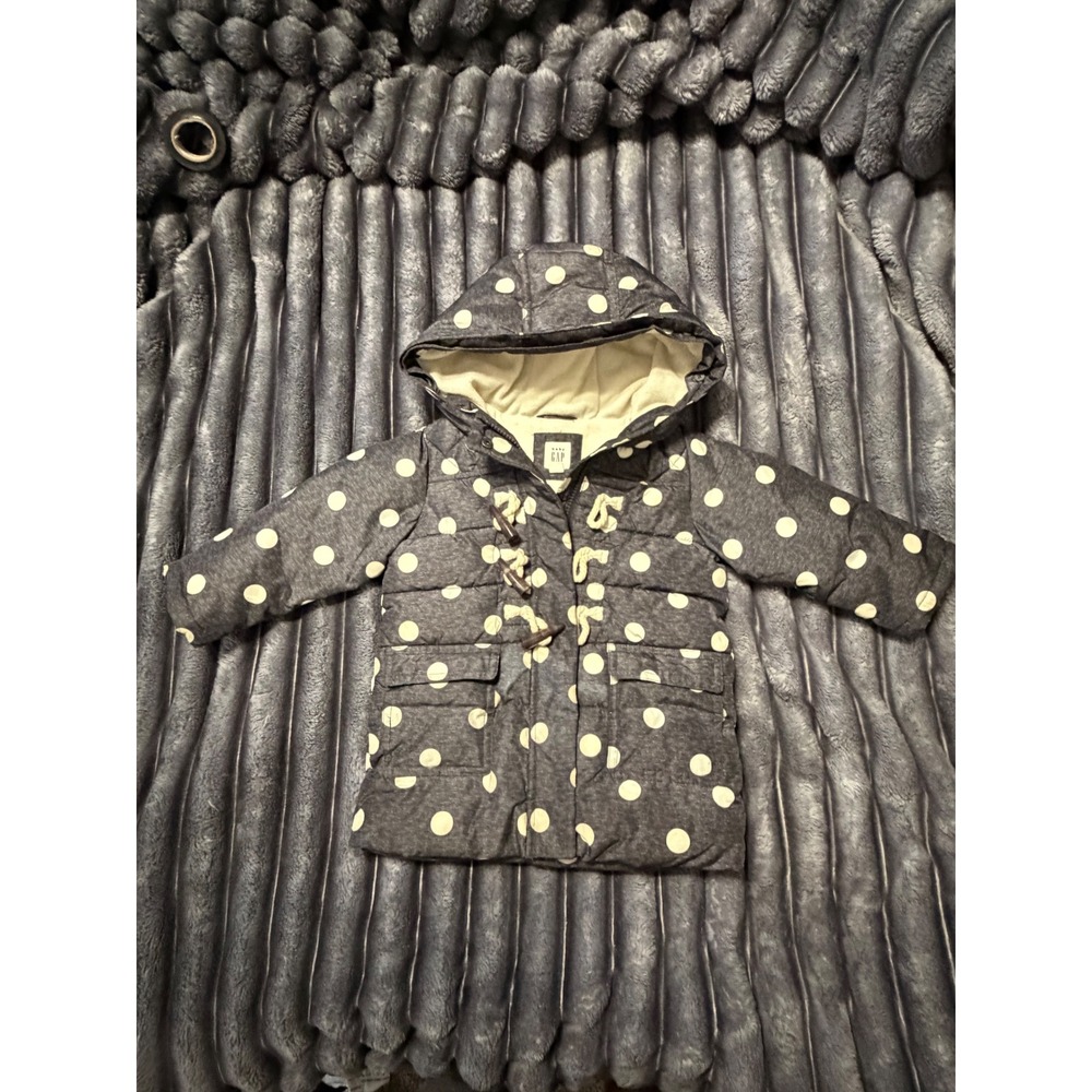 Baby Gap Hooded Puffer Jacket Gray Polka Dot Toggle Winter Coat Toddler Kids